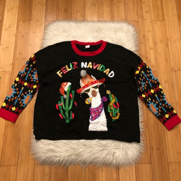 Christmas Mexican Fun Llama Western 3D Embroidered Sequins Aztec Ugly Sweater 1X - Picture 1 of 11